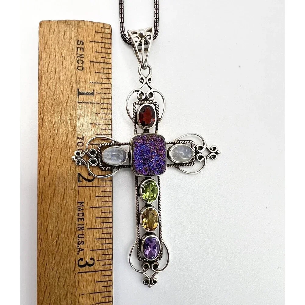 NICKY BUTLER 925 Silver Druzy Gemstone Cross Pendant Necklace - Picture 13 of 15